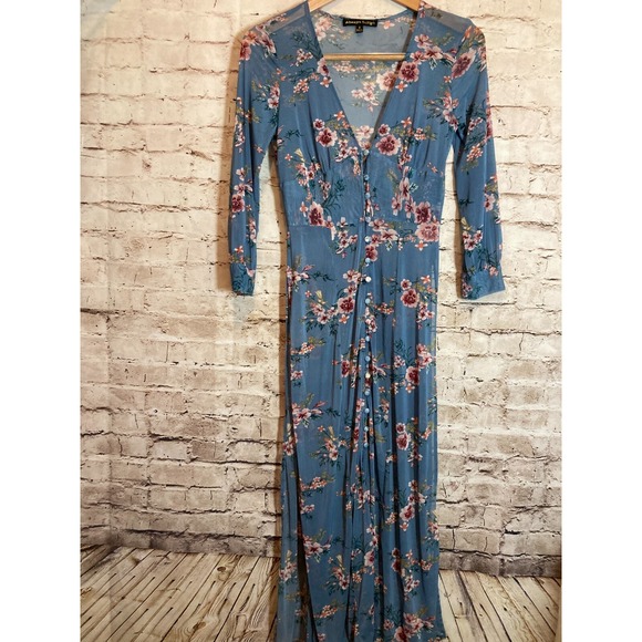 Always Indigo Dress Overlay Womens Small Blue Floral Mesh Full Sheer Button Boho - Picture 1 of 15